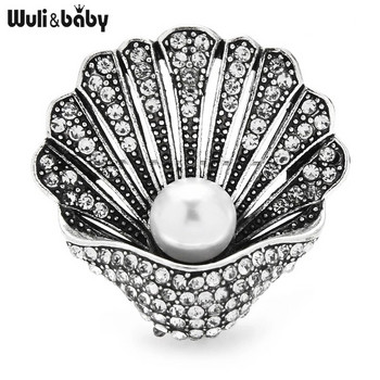 Wuli&baby Винтидж брошка с черупки от кристали Дамски унисекс дизайн на перлена мида Ежедневни офис брошка Игли Подаръци