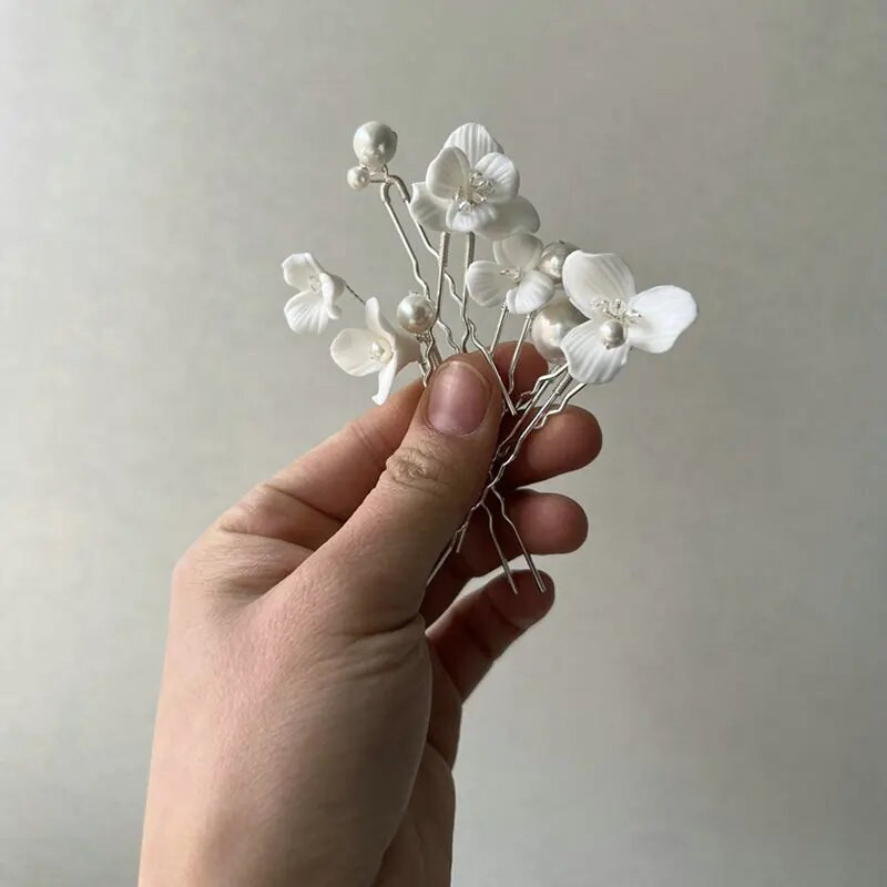 6Pcs/Set Keramički cvijet Ukosnica za mladenke Tijara Dodaci Novi dolazak Jednostavni biserni vjenčani ukras za glavu Nakit za žene