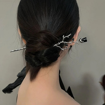2023 Нова китайска фиби Пръчка за коса Розово цвете Кристална клонка Метална текстура Реколта Аксесоари за коса за жени Шапки Бижута
