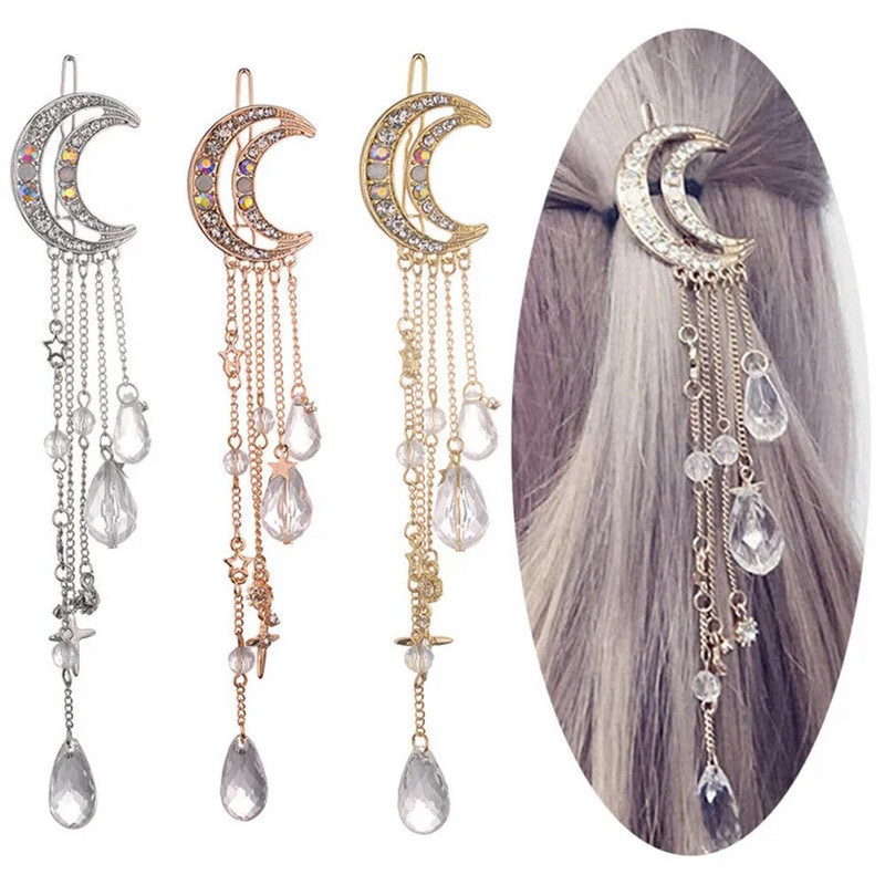 Classic Moon Crystal Rhinestone Perle viseće kopče za kosu s resama Dodaci za kosu Ženski svadbeni nakit ukras za glavu