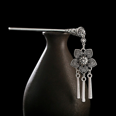 Bohemia etniline vintage mustlas tiibet hõbedase värvi tutt nikerdatud lilleline söögipulk juustepulgad naistele juuksenõelad ehted horquillad