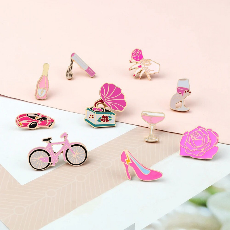Naiste roosad roosid emailitud nööpnõelad prossid šampanja veiniklaas sigaret vintage plaadimängija armsad rattamärgid, ehted tüdrukutele