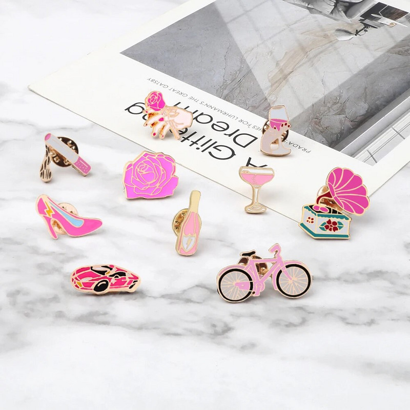 Naiste roosad roosid emailitud nööpnõelad prossid šampanja veiniklaas sigaret vintage plaadimängija armsad rattamärgid, ehted tüdrukutele