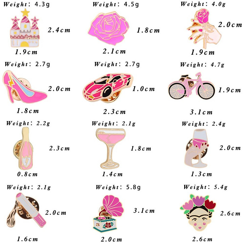 Naiste roosad roosid emailitud nööpnõelad prossid šampanja veiniklaas sigaret vintage plaadimängija armsad rattamärgid, ehted tüdrukutele