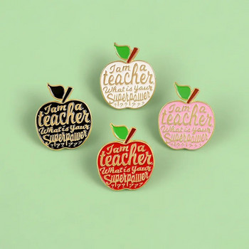 4 стила Ябълкови емайлирани игли Учителска суперсила Значка Брошка Дънкови чанти Colthes Анимационни значки с плодове Бижута Подаръци за учители