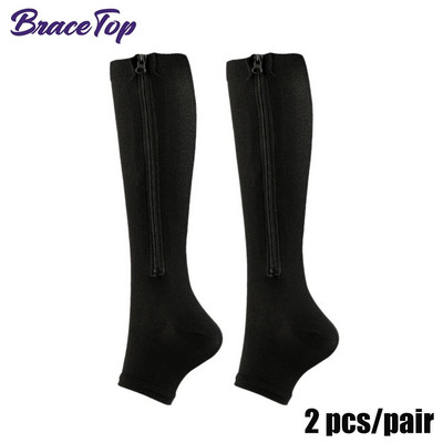 „BraceTop“ kompresinės kojinės su užtrauktuku, blauzdos, keliai aukštai atviri pirštai, kompresinės kojinės 15–20 mmHg, kojinės nuo varikozinių venų – edema, patinę