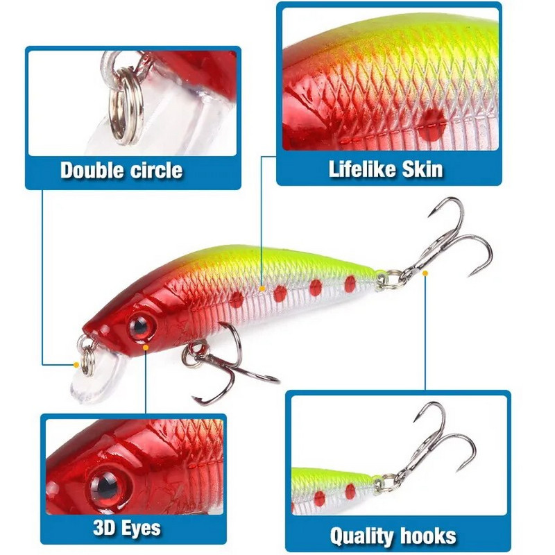 Aorace Minnow žvejybos masalas 70mm 8g 3D Eyes Crankbait vobleris dirbtinio plastiko kieto masalo žvejybos reikmenys