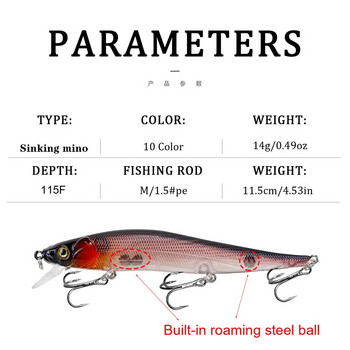 1 τεμ Fishing Lure 115mm/14g Minnow Crankbait Wobblers 3D Eyes Perch Τεχνητό δόλωμα Pike Carp Bait Swim Bait Fishing Pesca