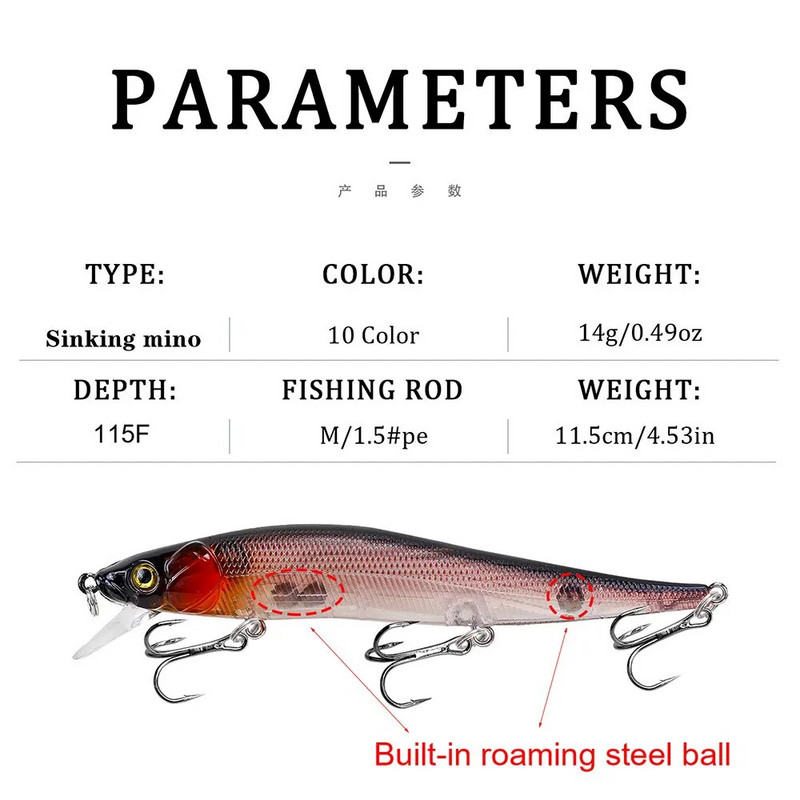 1tk Kalasööt 115mm/14g Minnow Crankbait Voblerid 3D Eyes Ahvena tehissööt haugi karpkala sööt ujumissööt kalapüügi Pesca