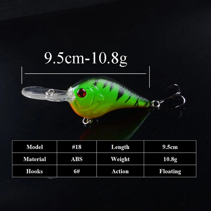 1gab Crank zvejas māneklis mākslīgās cietās ēsmas 9,5 cm/10,8 g Crankbait Jerkbait voblera makšķerēšanas piederumi Labi treble āķu piederumi