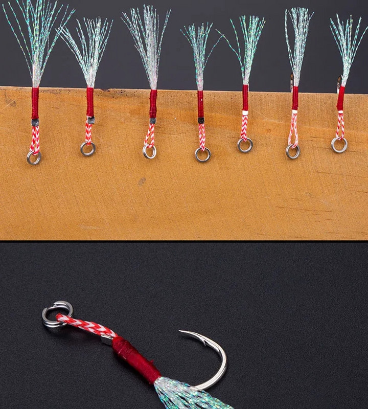 10 tk/partii Aeglane jigging kalapüük Valatud rakised abikonks, okastraat, ühe puugikonksud, niit, sulg Pesca kõrge süsinikusisaldusega terasest püügilant