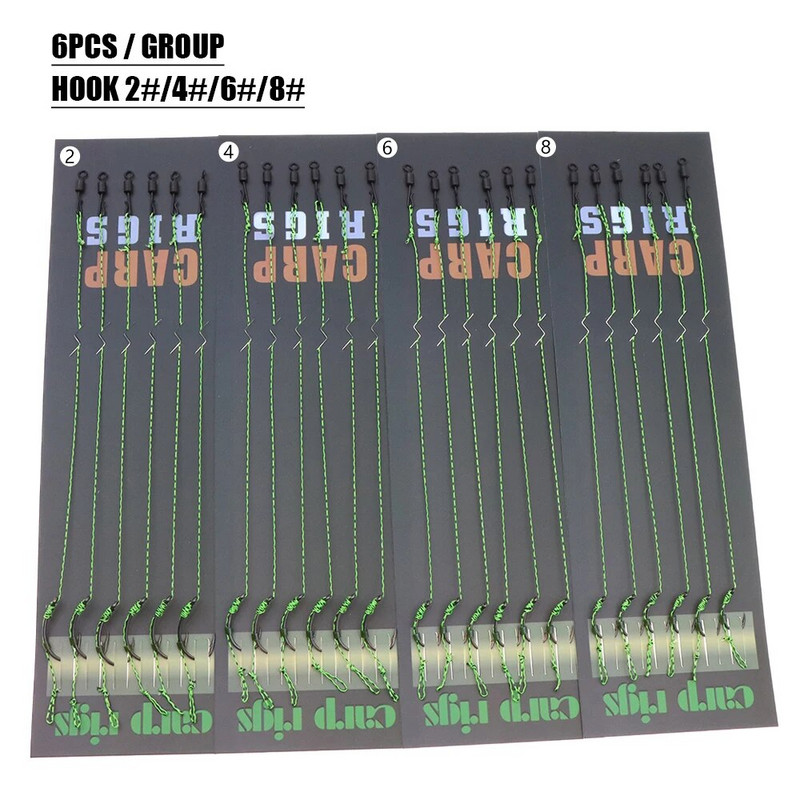 6 vnt. Karpių žvejybos reikmenys Plaukų įtaisai su spygliuotu meškeriojimo kabliu Paruošta surišta karpinio valas kabliukas, skirtas karpių kailiams žvejybos reikmenims