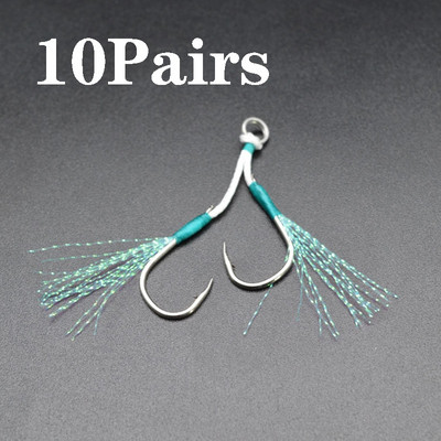 10 pair Jig Lure Assist Āķis Jūras ūdens Lēna Jigging Fishjig Double Barbed Peche spalva Makšķerēšanas āķis Jig Head Āķa piederumi