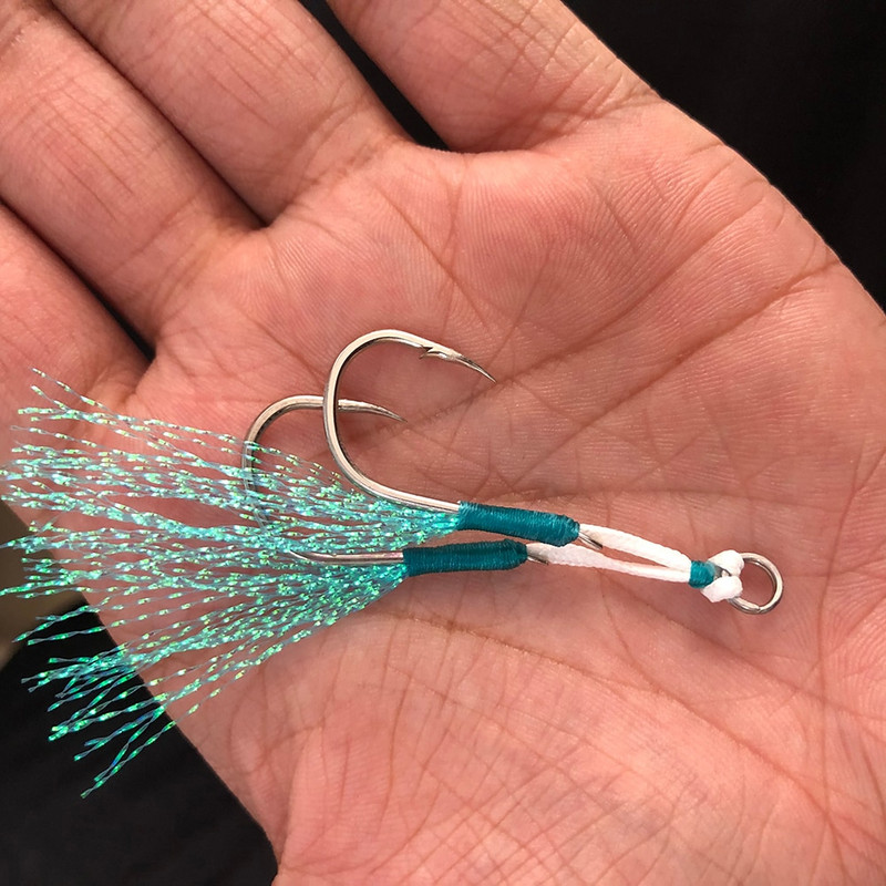 10 paari Jig Lure Assist Konks Merevesi Aeglane Jigging Fishjig Topelt Okastega Peche Feather Konksu Jig Pea konksu tarvikud