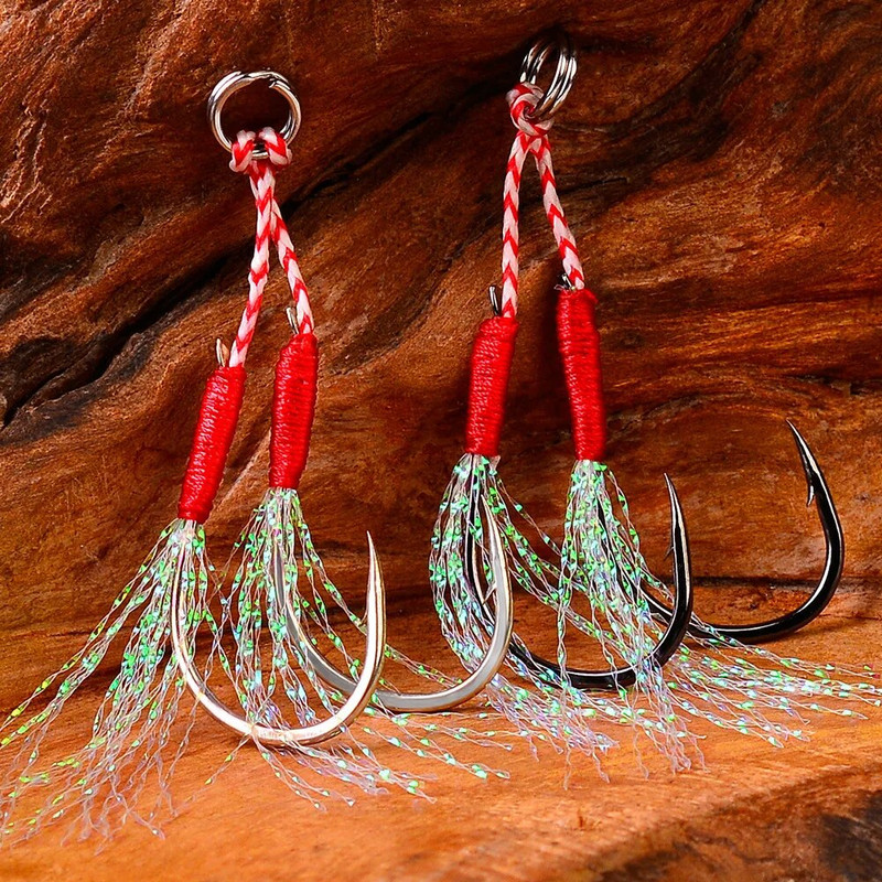 10 ζεύγη/παρτίδα Fishing Hook Jig Double Pair Hooks Αξεσουάρ με φτερά με αγκαθωτό νήμα Pesca Fishing Lure Slow Jigging