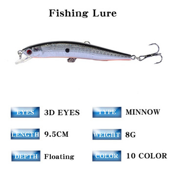 1PCS Minnow Fishing Lure 95mm 8g плаваща твърда стръв, воблер, джиг, стръв Crankbait, шаран на райета, бас, Pesca, риболовни принадлежности SwimBait