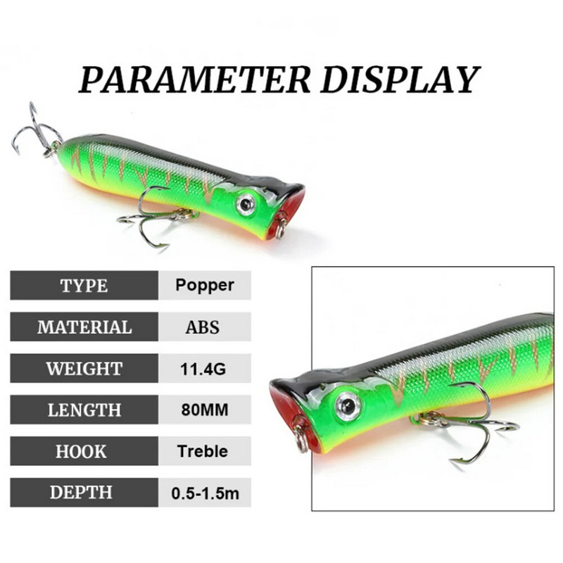 1 ΤΕΜ. Popper Fishing Lure Wobblers 3D Eyes 8cm 11,4g Topwater Hard Iscas Artificial Plastic Bait Crankbait Pesca Carp Fishing
