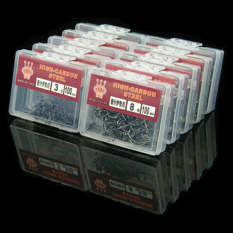 100 tk kõrge süsinikusisaldusega teraskonks okastkonksuga Pehme söödakonks, suure tõhususega okastkonks karbis