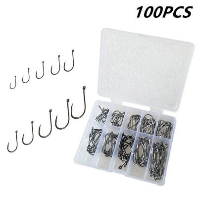 Noul set de cârlige de pescuit, 100 de bucăți, din oțel carbon, cârlig de pescuit cu un singur cerc, pescuit cu muscă, cârlige ghimpate pentru crap, accesorii pentru echipament de mare