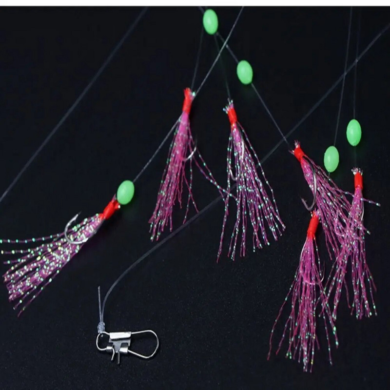 Sabiki Rigs 6tk Konksud Merevee kalapüügi landid Luminous Glow Flash Fishskin Sea Bait Makrell Pesca Tackle