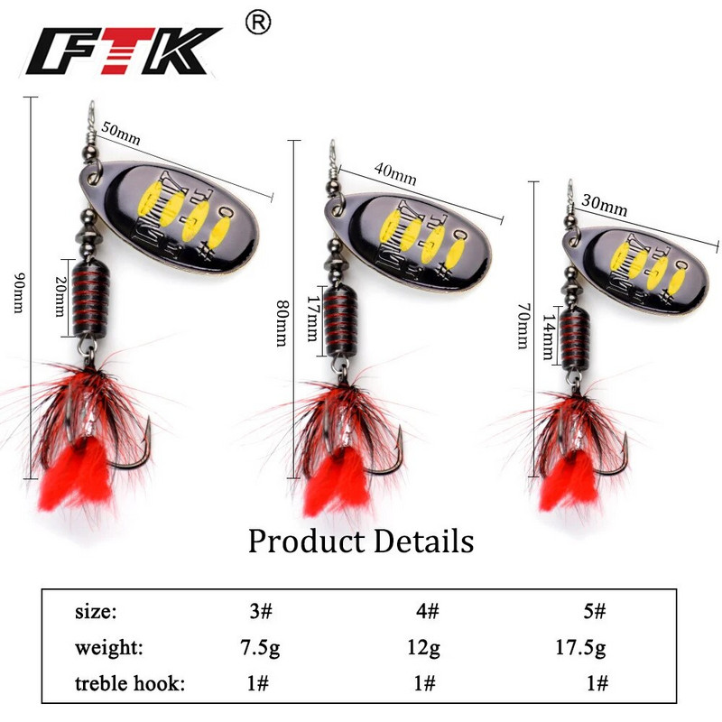 FTK 1tk Spinner Bait 7,5g 12g 17,5g Hard Spoon Bass Landid Metallist püügilant suleliste kolmikkonksudega haugipüügiks