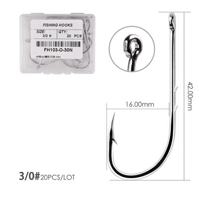 Aorace 20 vnt. / Dėžutė Ilgo koto žvejybos kabliukas 1/0#-6/0# Žuvies kabliukai Anglies plienas, aštrus spygliuotas, ofsetinis siauras masalo kabliukas.