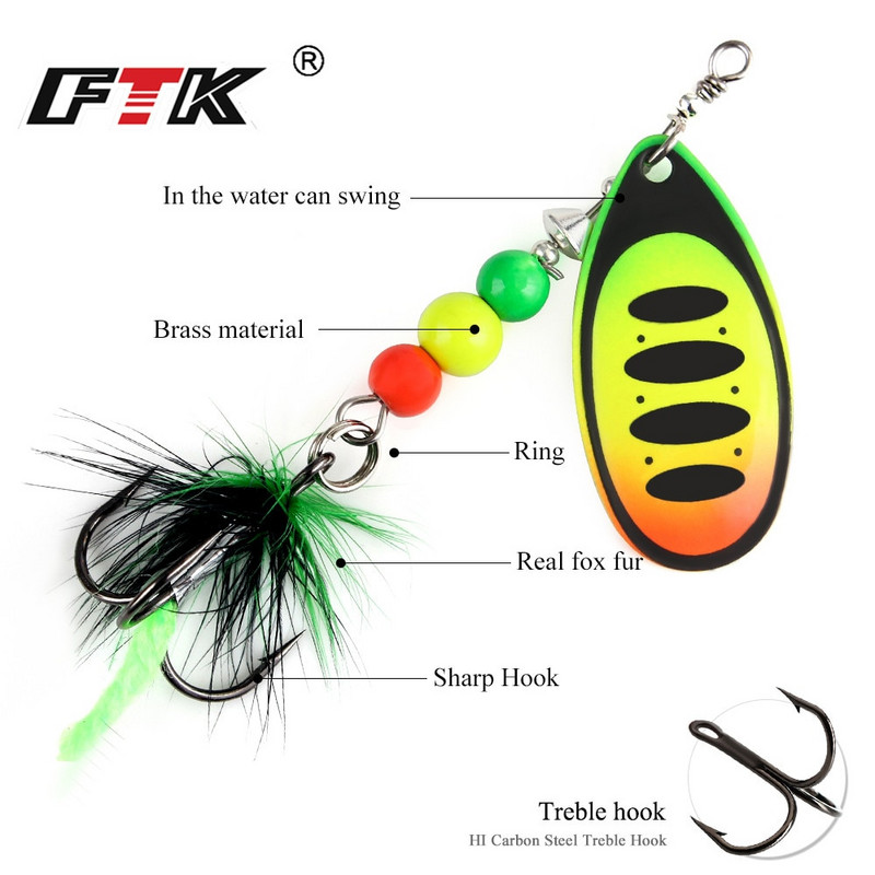 FTK Super 7g/8g/9g/11g/15g/17,5g žvejybos šaukštų masalai su monofilamentine žalvario medžiaga, aštria kabliuko plunksna, ovalios gluosnio lapų mentės