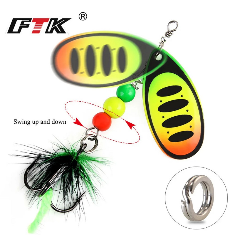 FTK Super 7g/8g/9g/11g/15g/17,5g žvejybos šaukštų masalai su monofilamentine žalvario medžiaga, aštria kabliuko plunksna, ovalios gluosnio lapų mentės