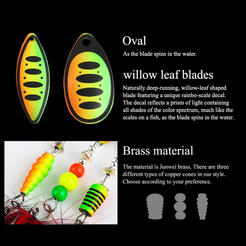 FTK Super 7g/8g/9g/11g/15g/17,5g žvejybos šaukštų masalai su monofilamentine žalvario medžiaga, aštria kabliuko plunksna, ovalios gluosnio lapų mentės