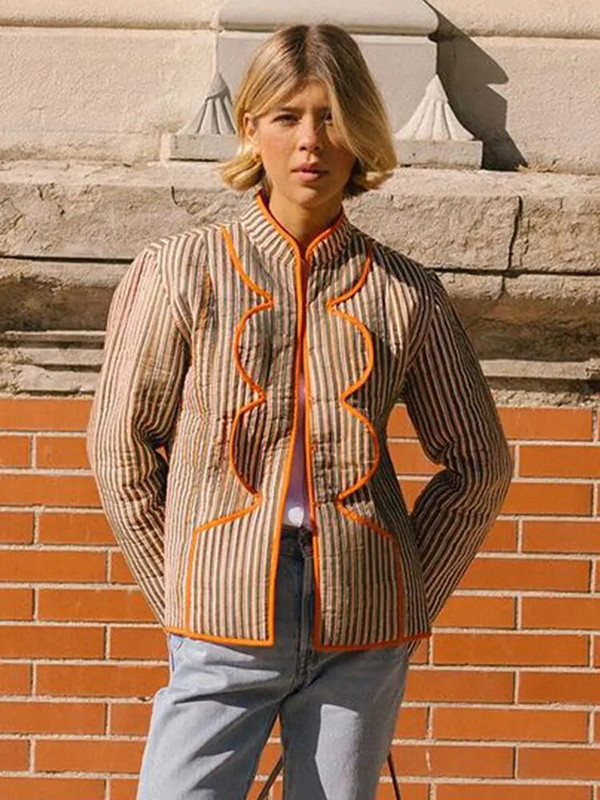 Kontrastvärvi triibuline lühike mantel Standkrae Vintage soe paks naiste jope 2023 sügistalvine vaba daami mantel