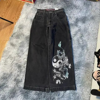 JNCO kottis teksad Hip-Hop Rocki tikandiga meeste naiste 2023. aasta uus mood tänavarõivad Retro Harajuku kõrge vöökohaga laia säärega teksad