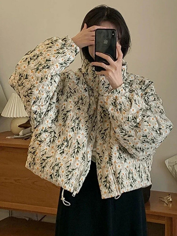 Onalippa zimska odjeća s cvjetnim printom Ženska samostojeća ovratnica i patentni zatvarač Labavi prošiveni kaput Korejski modni debeli, topli gornji dio dugih rukava