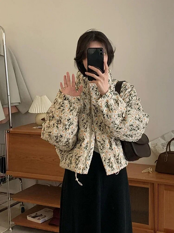 Onalippa zimska odjeća s cvjetnim printom Ženska samostojeća ovratnica i patentni zatvarač Labavi prošiveni kaput Korejski modni debeli, topli gornji dio dugih rukava