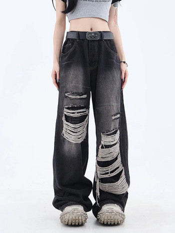 Γυναικείο γοτθικό μαύρο τζιν ψηλόμεσο vintage κορεατικής μόδας Y2k Streetwear σκισμένο παντελόνι Harajuku casual φαρδύ τζιν παντελόνι