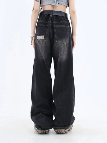 Γυναικείο γοτθικό μαύρο τζιν ψηλόμεσο vintage κορεατικής μόδας Y2k Streetwear σκισμένο παντελόνι Harajuku casual φαρδύ τζιν παντελόνι