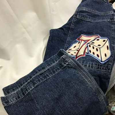 Streetwear JNCO Jeans Y2K Hip Hop Number 7 Dice Графични бродирани ретро сини широки дънки Мъжки дамски широки панталони с висока талия