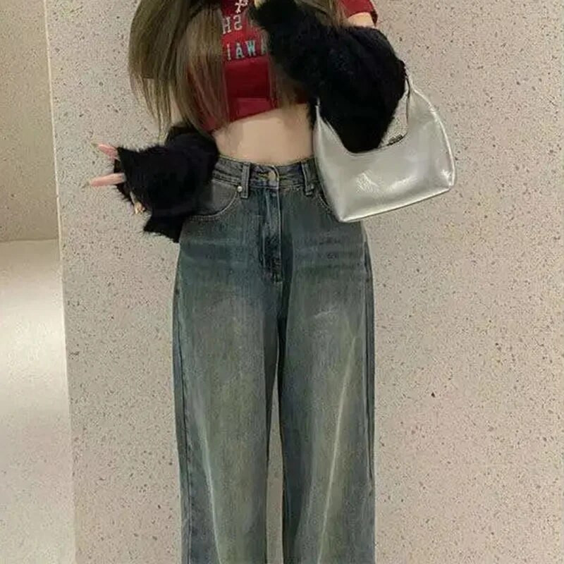Rimocy vintage laia säärega teksapüksid, naiste 2023. aasta sügis, kõrge vöökohaga kotti püksid, naine, Y2K tänavarõivad, naiste teksapüksid