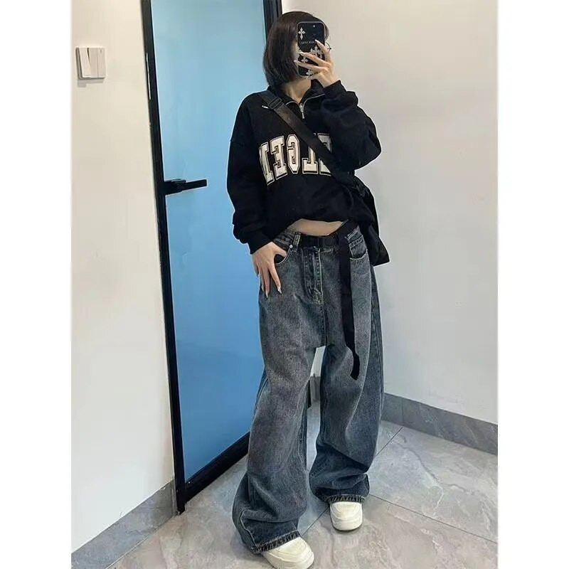 Harajuku Baggy Femme teksad Y2K tumesinine pruun kõrge vöökohaga tänavarõivad 90S kottis püksid naiste püksid sirged laiad püksid