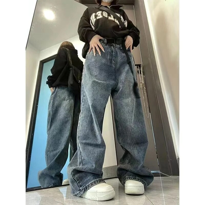 Harajuku Baggy Femme teksad Y2K tumesinine pruun kõrge vöökohaga tänavarõivad 90S kottis püksid naiste püksid sirged laiad püksid