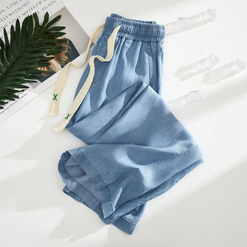 Lielizmēra 4xl Līdz potītēm taisni džinsi sieviešu vasaras elastīgi ar augstu vidukli, platu kāju džinsu baggy bikses Pantalones Blue Vaqueros