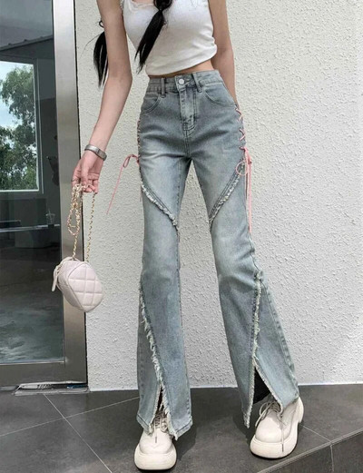 American Split Jeans Ženske ružičaste poveze visokog struka Nepravilno spojene traper hlače Hlače s patentnim zatvaračem Fly Hlače Y2k Pantalon Femme