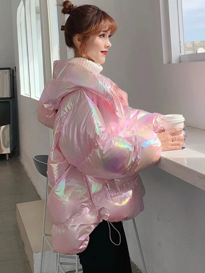 Moteriška striukė Spalvingas blizgus paviršius su gobtuvu medvilninis paltas Žiemos korėjiečių mados storas parkas Moteriški drabužiai laisvi šilti viršutiniai drabužiai