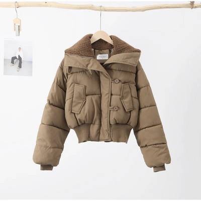 Thinken Crop jope naiste karusnahast kilpkaelusega pikkade varrukatega, soe naiste parkmantel 2023 talve tänava lahtine puuvillase polsterdatud jope