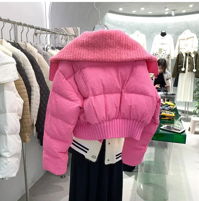 Thinken Crop jope naiste karusnahast kilpkaelusega pikkade varrukatega, soe naiste parkmantel 2023 talve tänava lahtine puuvillase polsterdatud jope