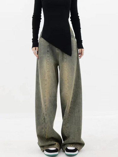 Baggy teksad Naiste kõrge vöökohaga teksad, nööbid, teksapüksid, taskud, laiad sääred, uued Y2K püksid, vanad tänavarõivad, mood 2023 teksad