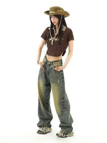 HOUZHOU Y2K ταλαιπωρημένο φαρδύ τζιν Γυναικείο Grunge Vintage 90s Oversize παντελόνι τζιν με φαρδύ πόδι Παντελόνι Harajuku κορεατικού στυλ Gyaru