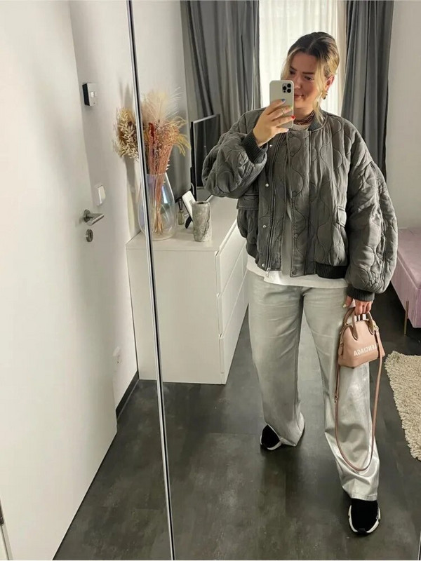 Ženski ležerni jednobojni pamučni kaput s patentnim zatvaračem Jesenska prevelika siva jakna s džepovima dugih rukava 2023. Zimska modna debela topla ženska gornja odjeća