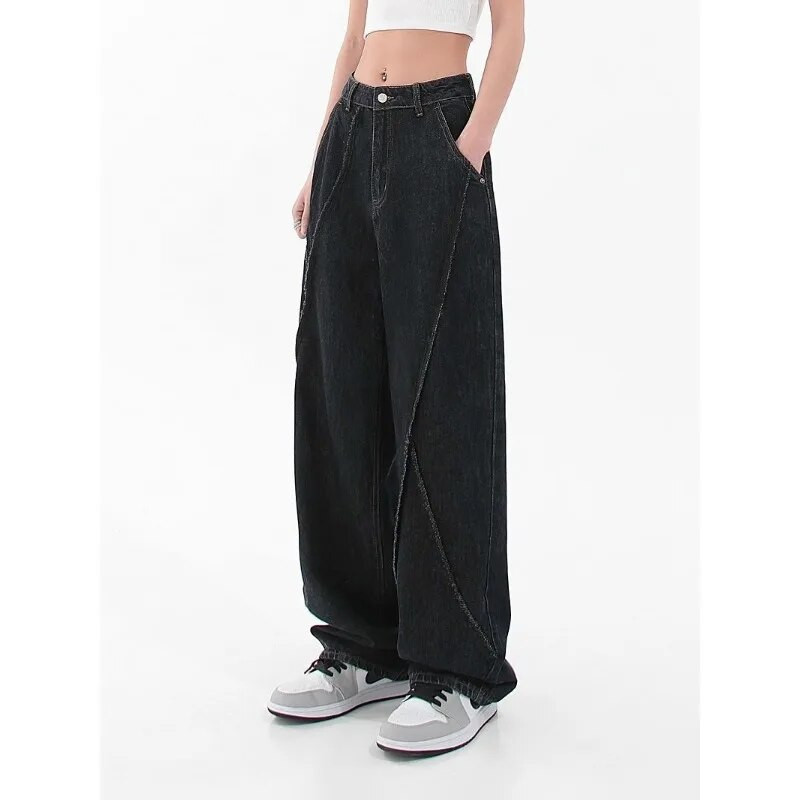 Meeste ja naiste vabaaja kottised teksad, avara õmblusega disain High Street mustad sirged püksid Y2k Boyfriend teksad naistele 5XL