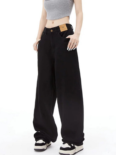Blugi negri de damă Blugi cu talie înaltă Pantaloni din denim cu nasturi Pantaloni largi supradimensionați de primăvară Streetwear Moda coreeană 2023