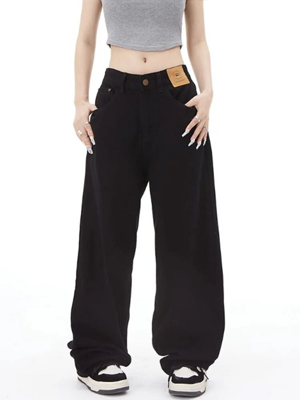Blugi negri de damă Blugi cu talie înaltă Pantaloni din denim cu nasturi Pantaloni largi supradimensionați de primăvară Streetwear Moda coreeană 2023